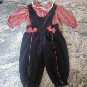 Vintage Tiny Tots Original Size 12 Months Black Velvet Plaid Outfit Shirt